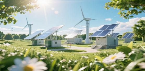 Solar PV panels and wind turbines at a renewable energy site