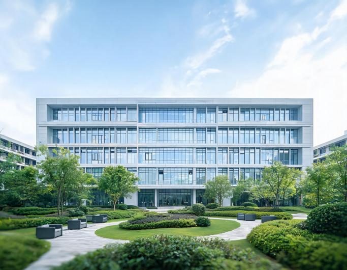 Modern corporate headquarters building with landscaped grounds
